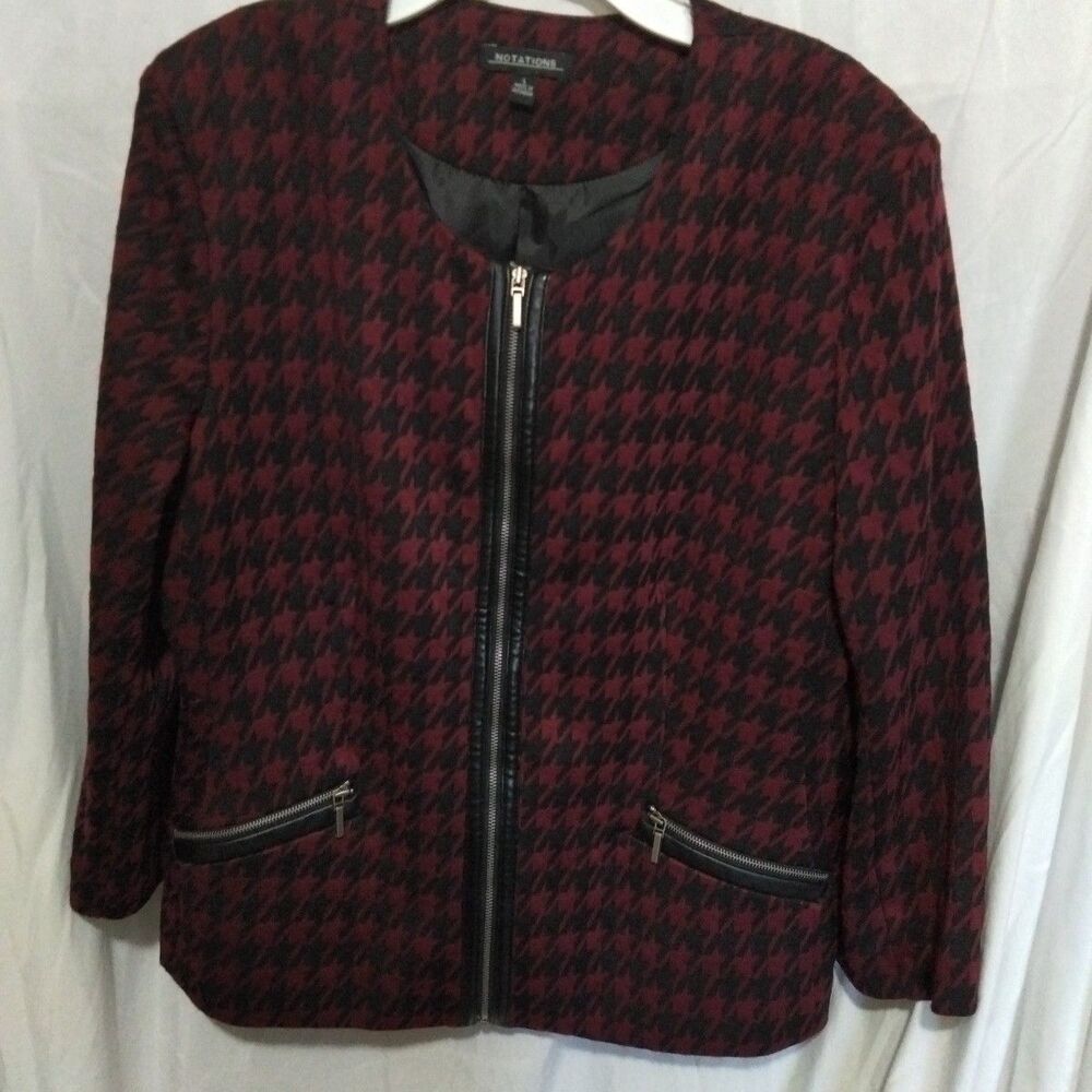 Notations Womens Maroon & Black Houndstooth Jacket/Blazer Size L Old Money Grann